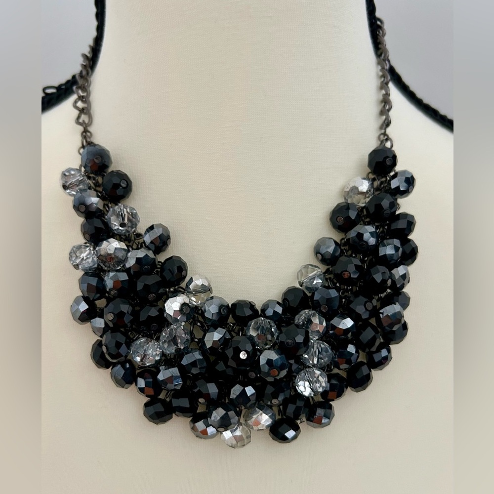 The Limited Black Silver Clear Bead Mesh Cluster Statement Necklace EUC
